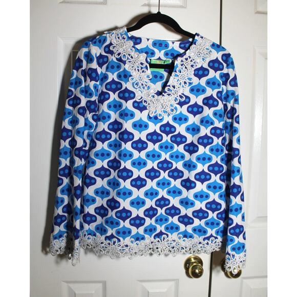Jules Reid Blue Lantern Print Cotton Tunic sz 8 - Picture 1 of 3